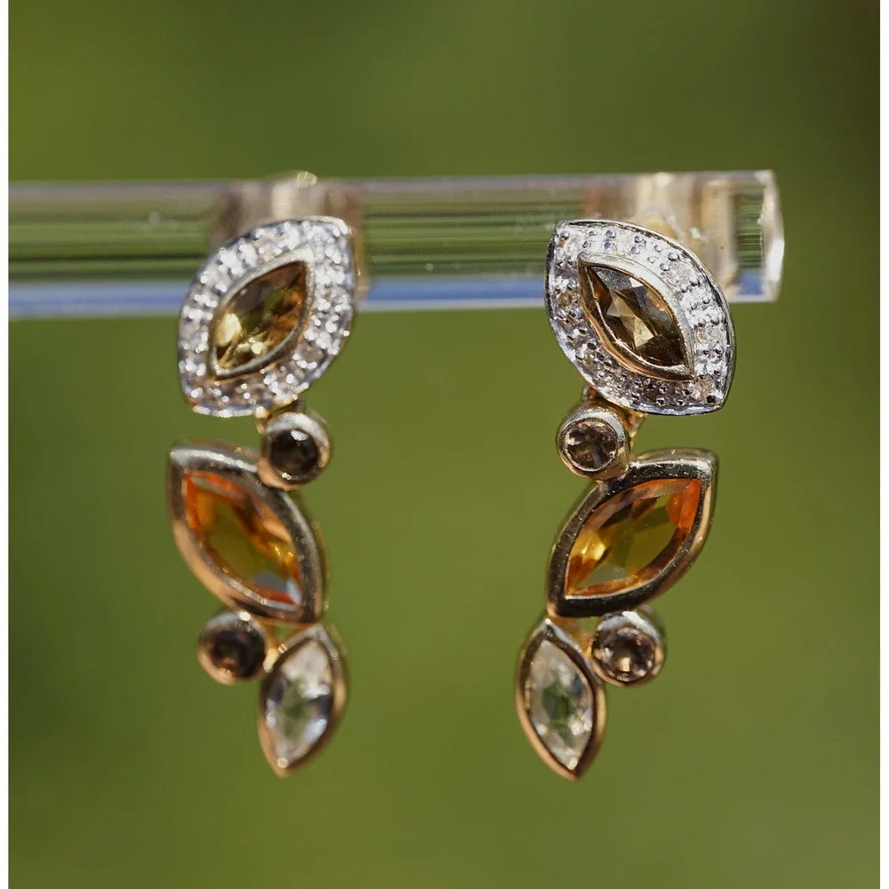 Vintage 14k Solid Gold Natural Citrine Aquamarine Quartz Diamond Dangle Earrings